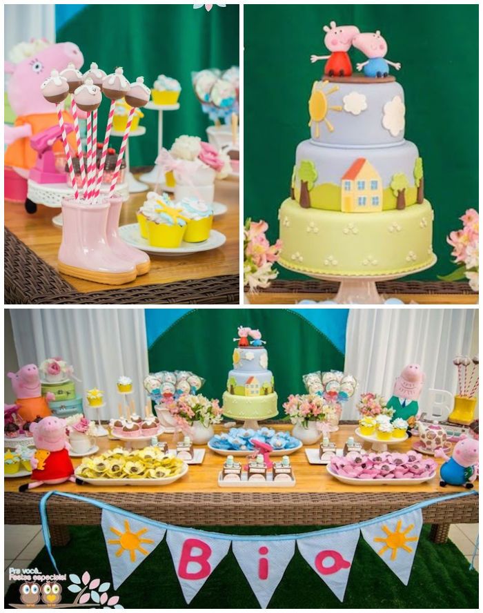 Mesa linda de festa Peppa Pig com bolo e decoração completa