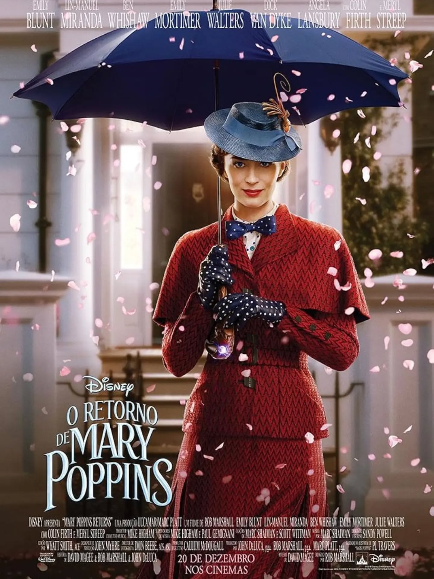 Pôster de O Retorno de Mary Poppins com Emily Blunt segurando guarda-chuva azul