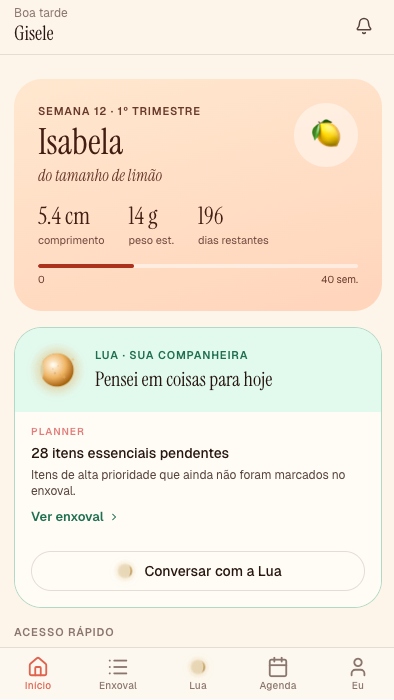 Tela inicial do aplicativo Mamity mostrando acompanhamento semanal da gravidez e lista de enxoval