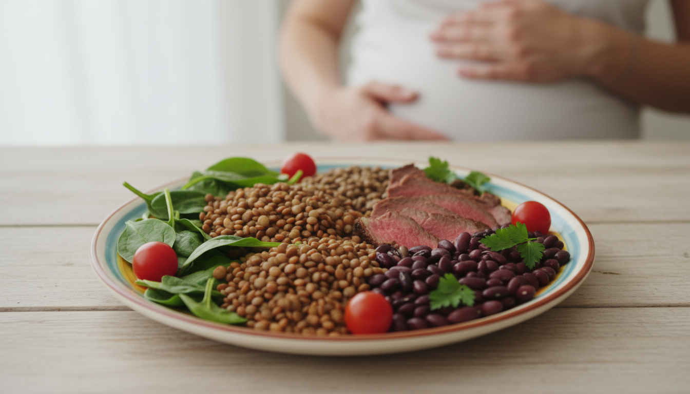 Prato colorido com alimentos ricos em ferro, como espinafre, lentilhas, carne vermelha e feijão.