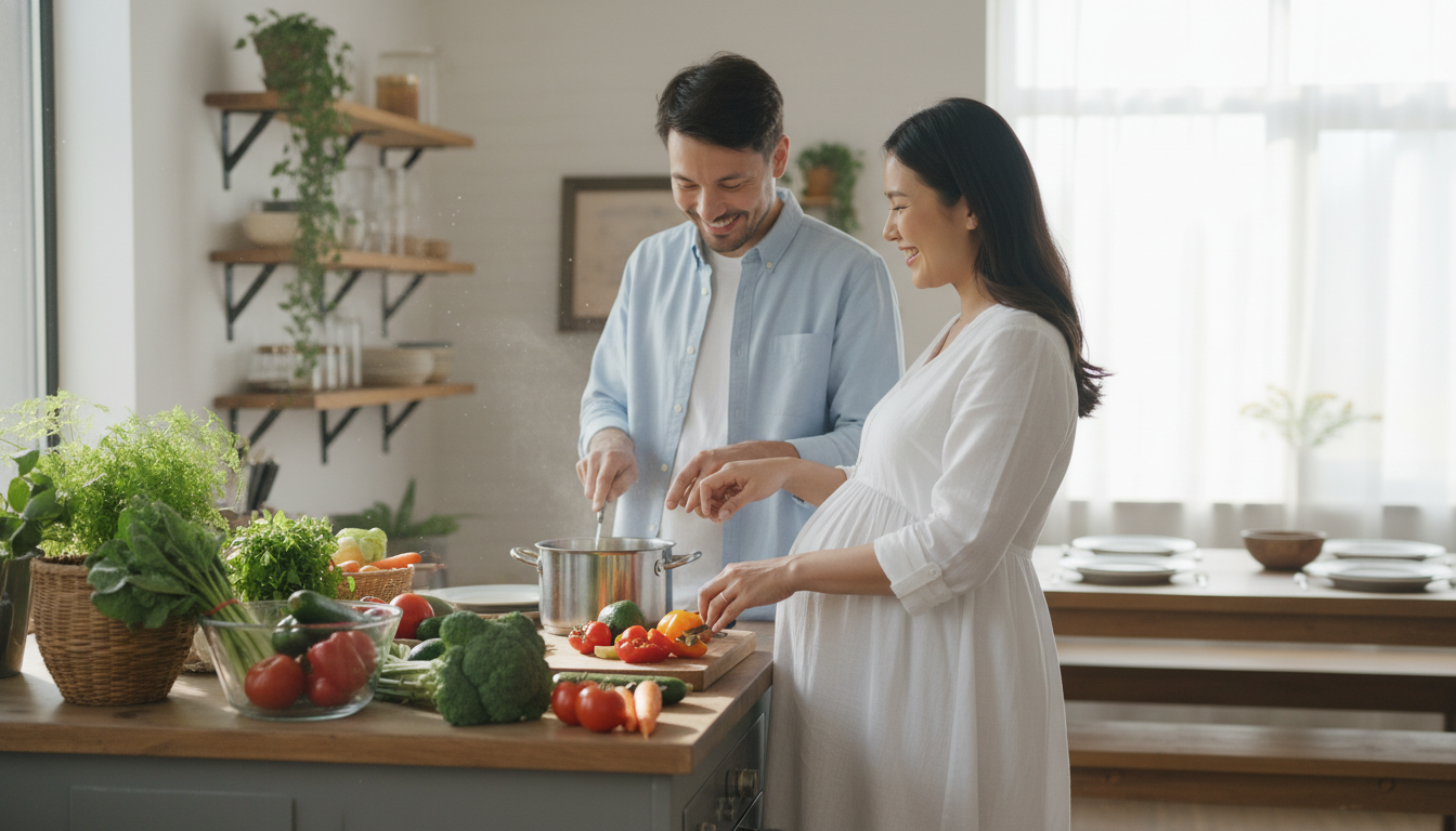 Casal cozinhando junto uma refeição saudável com muitos vegetais frescos na bancada.